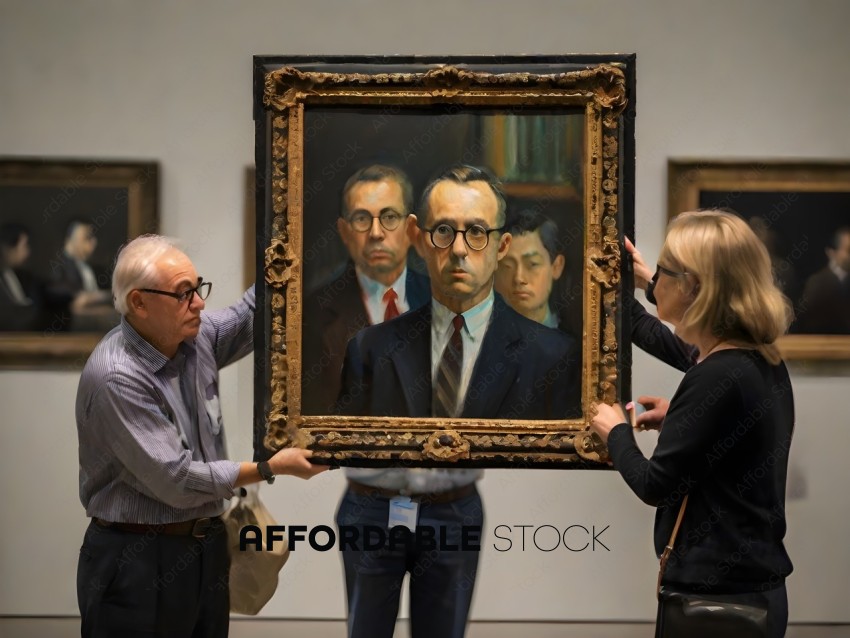 Two people holding a painting of a man in a suit