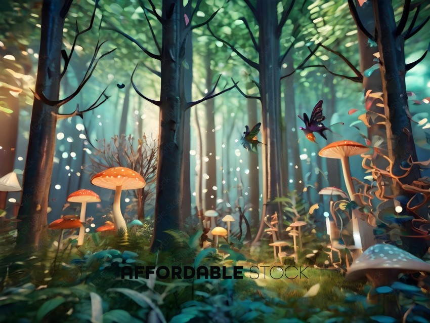 A forest with mushrooms and fairies