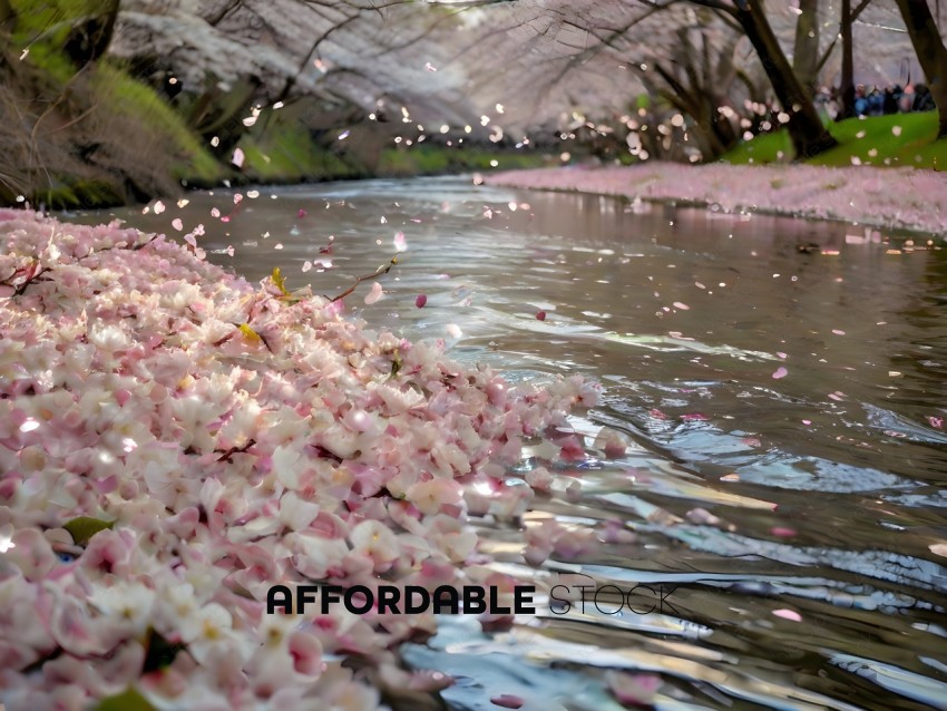 Pink petals floating in a river