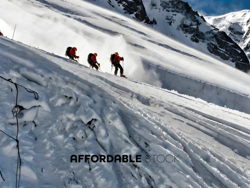 Three men climbing a snowy mountain