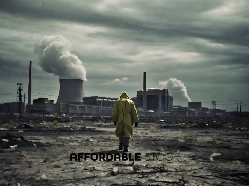 A man in a yellow raincoat walks through a desolate industrial area