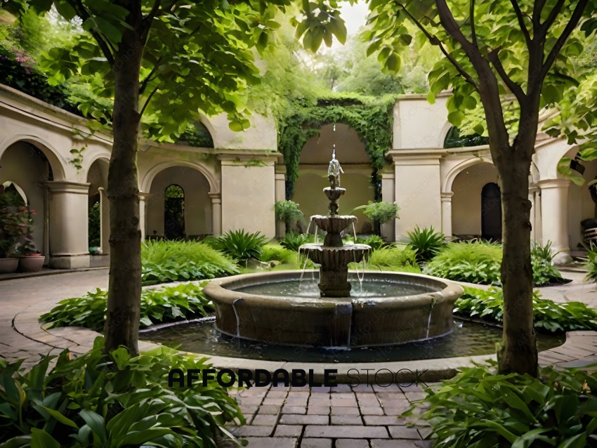A fountain in a garden with trees and a building in the background