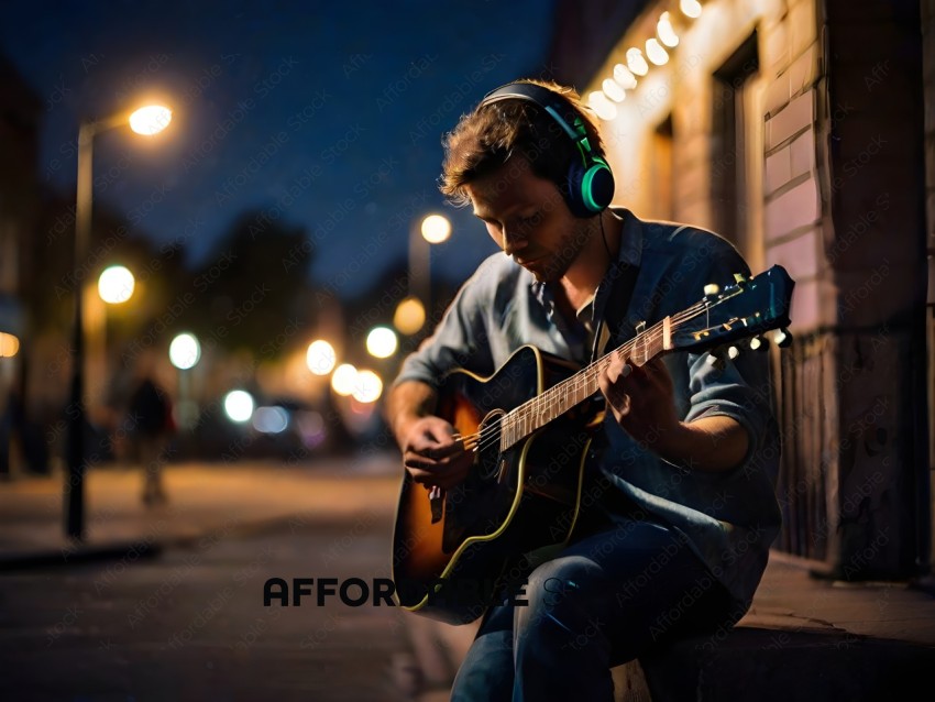 Man wearing headphones playing guitar on sidewalk at night