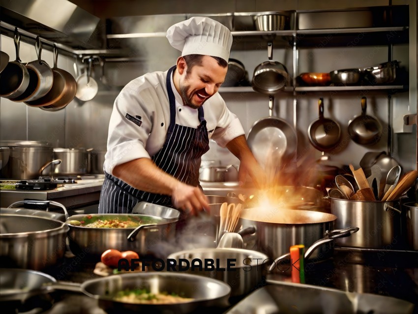 A chef in a kitchen with a large pot of food on the stove