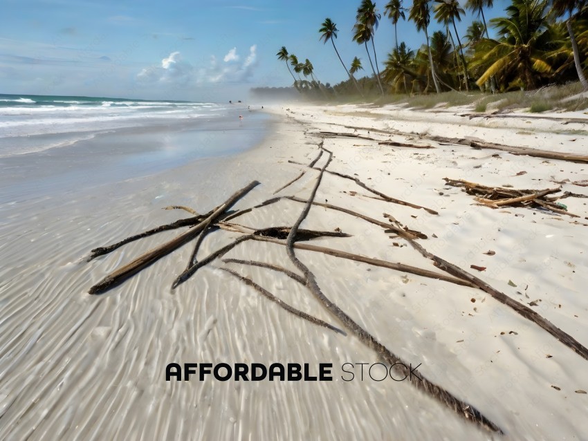 A beach with driftwood and palm trees