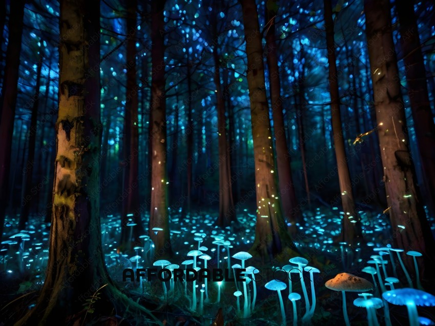 A forest with blue lights and mushrooms