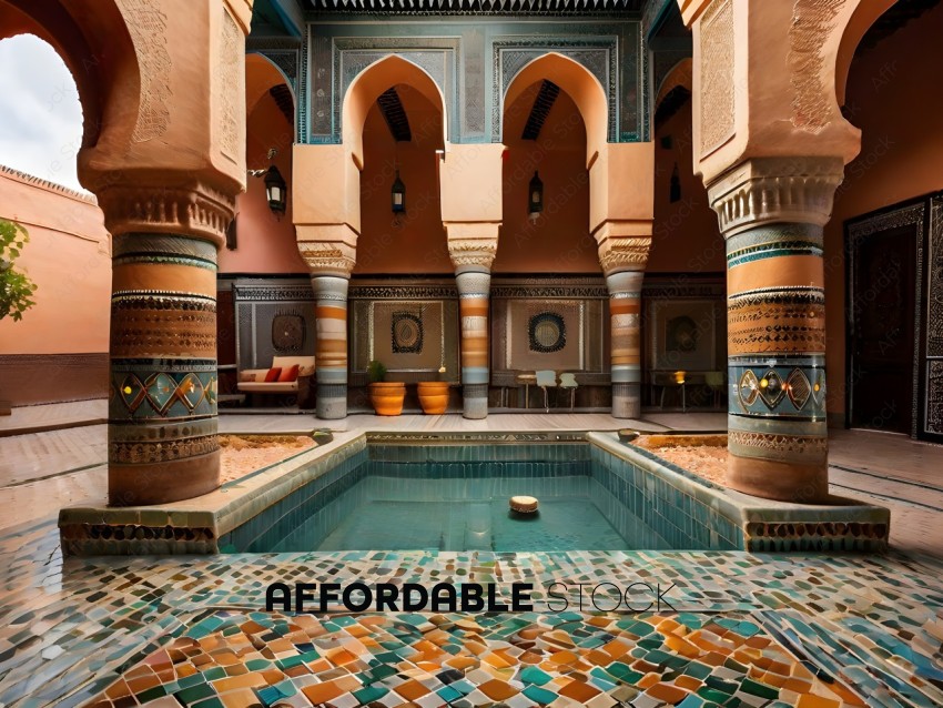 A beautifully decorated pool in a mosaic patterned room
