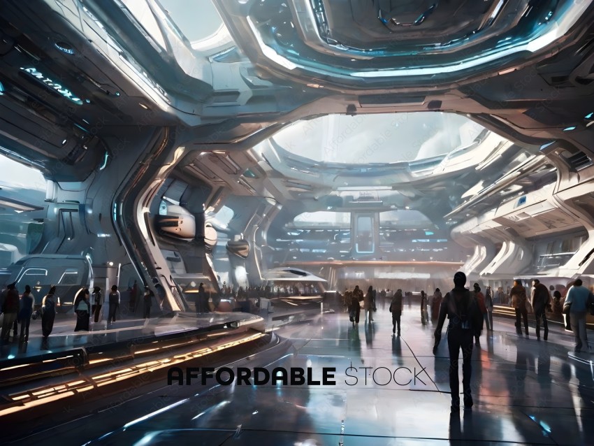 A futuristic building with a large open space and many people walking around