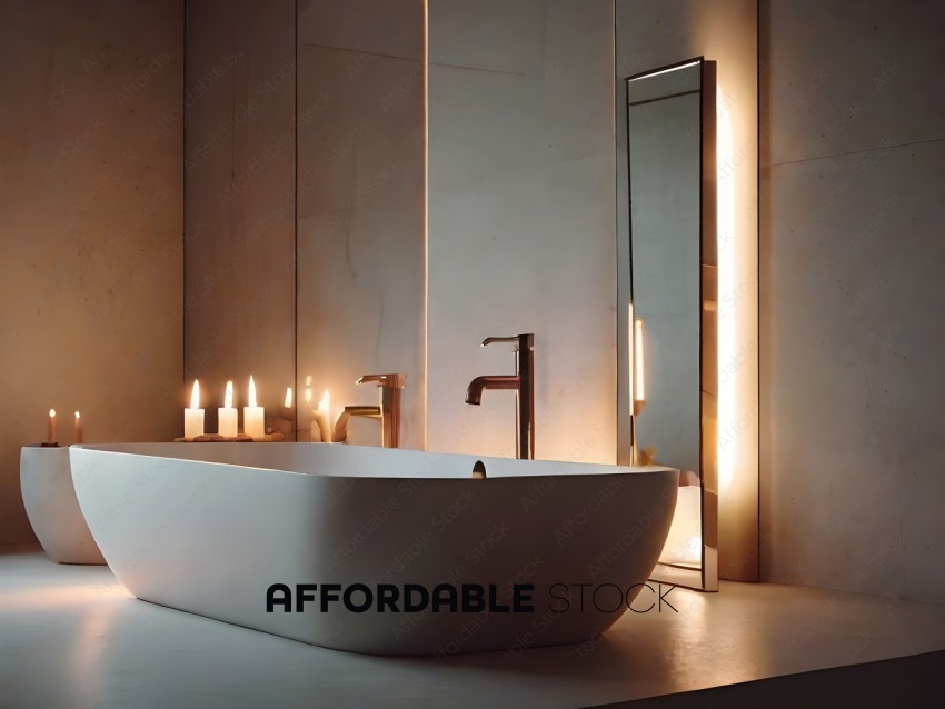 A white bathtub with candles and a mirror