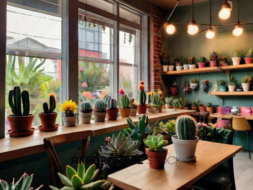 A variety of potted plants on a wooden shelf