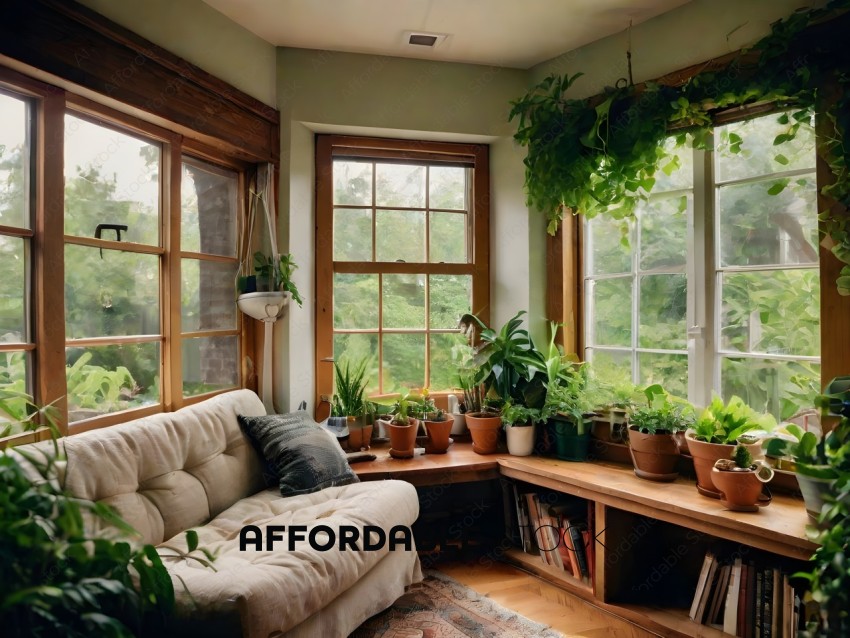 A cozy living room with a couch, plants, and books