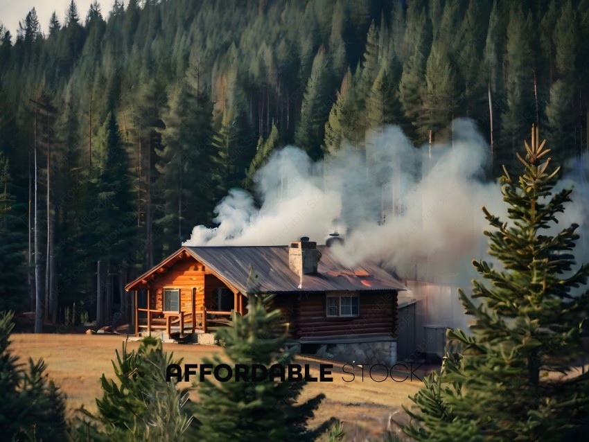 Smoke billowing from a cabin in the woods