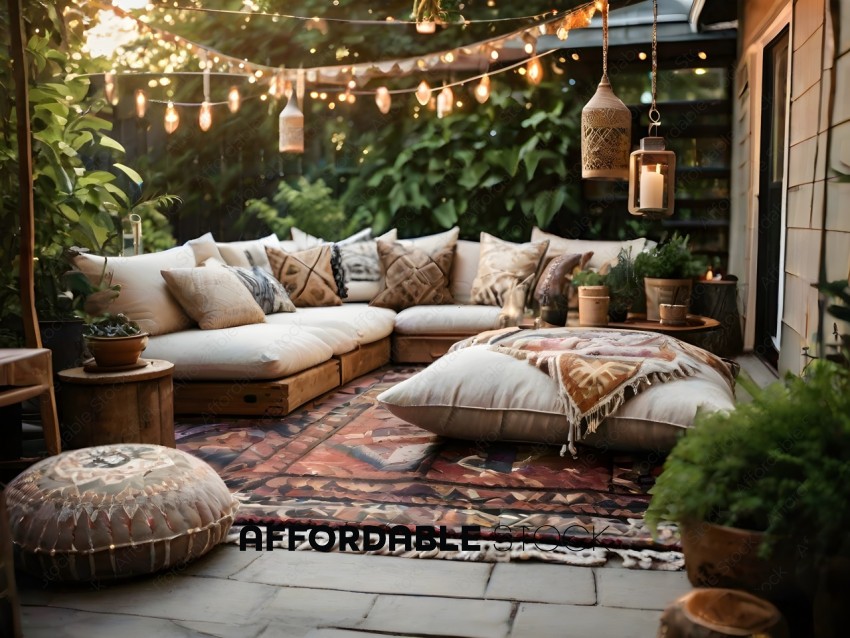 A cozy outdoor seating area with a rug and pillows