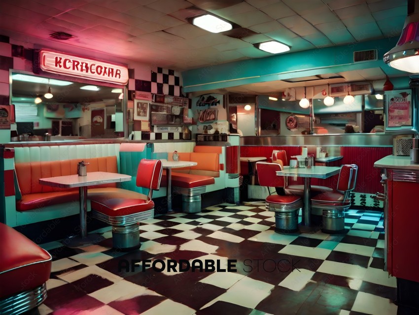 A retro diner with a checkered floor and red booths