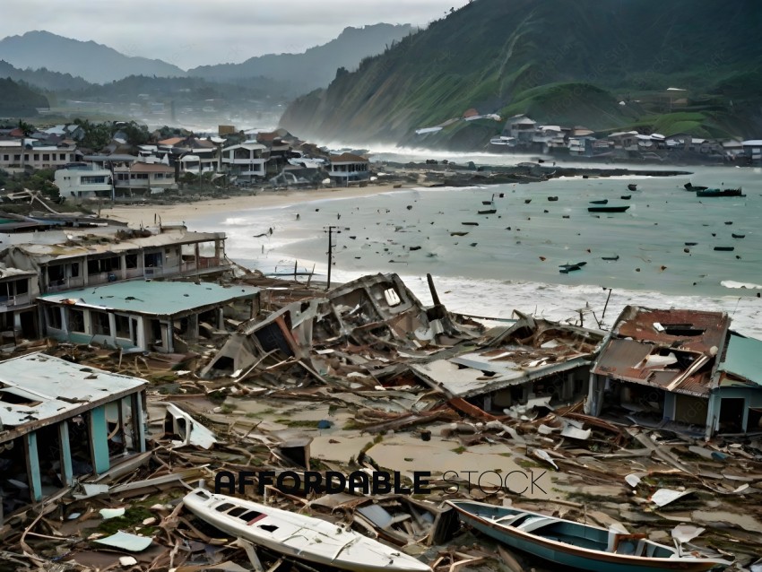 A town destroyed by a tsunami with boats and houses in the foreground