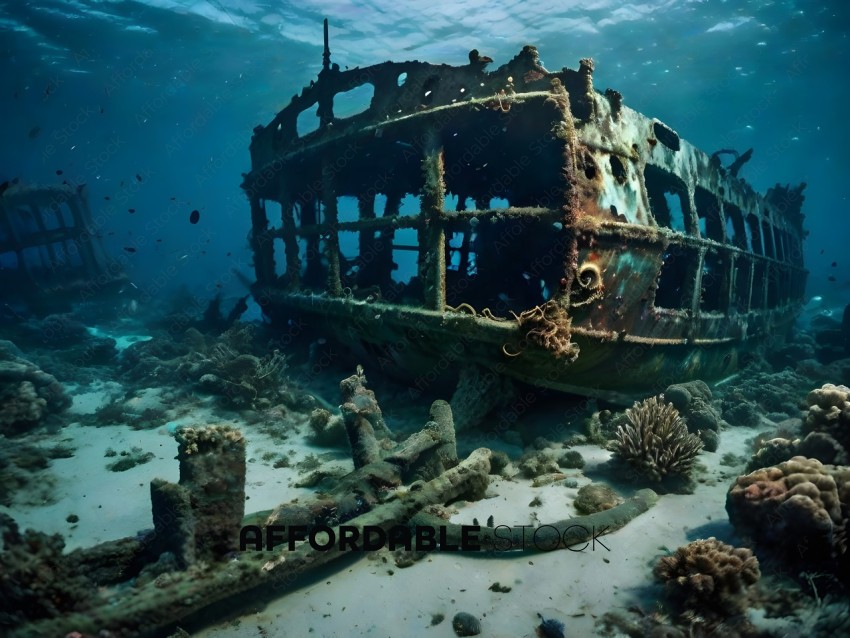 A sunken shipwreck on the ocean floor