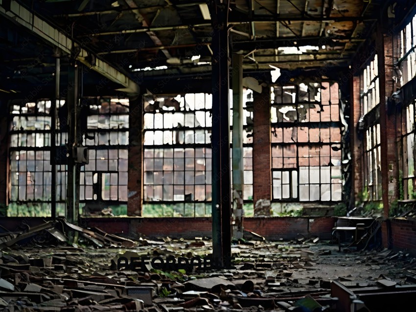 A dilapidated building with broken windows and rubble on the floor