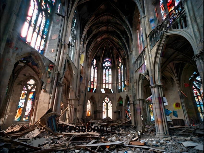 A church with a lot of windows and a lot of rubble