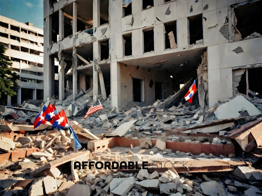 A destroyed building with American flags and a flag of Switzerland