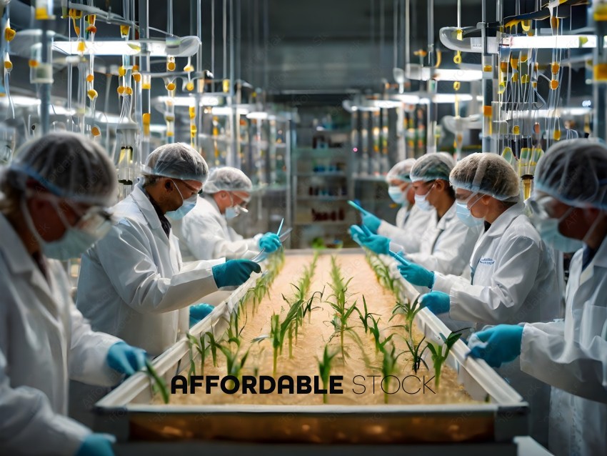 Scientists working in a lab with green plants