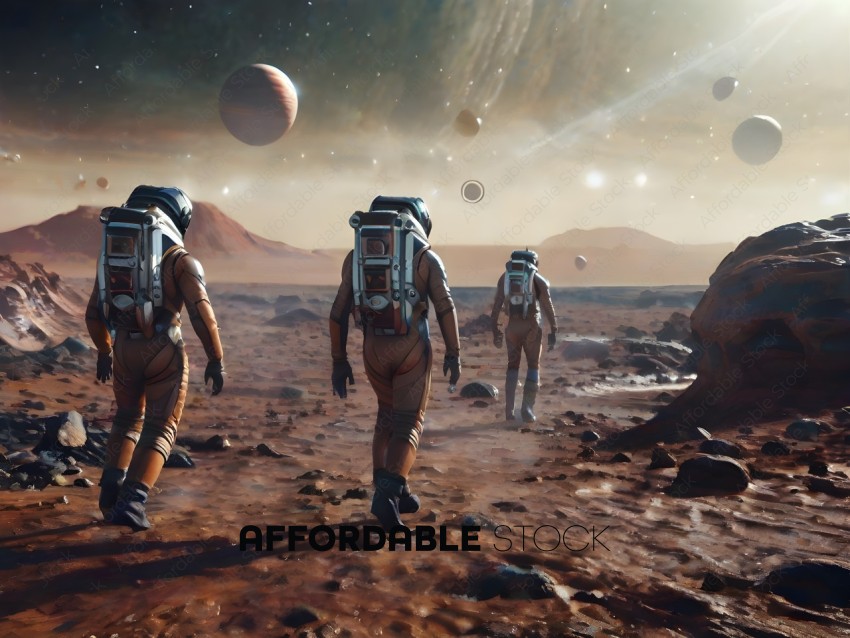 A group of astronauts walking on a barren planet