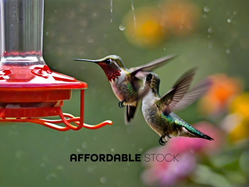 Hummingbirds feeding on nectar from a feeder