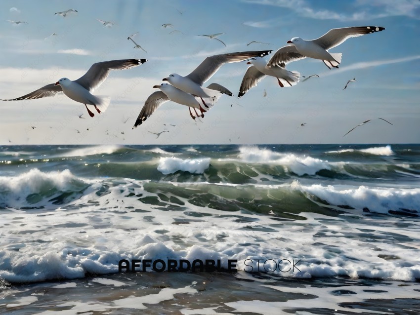 Seagulls flying over a wave