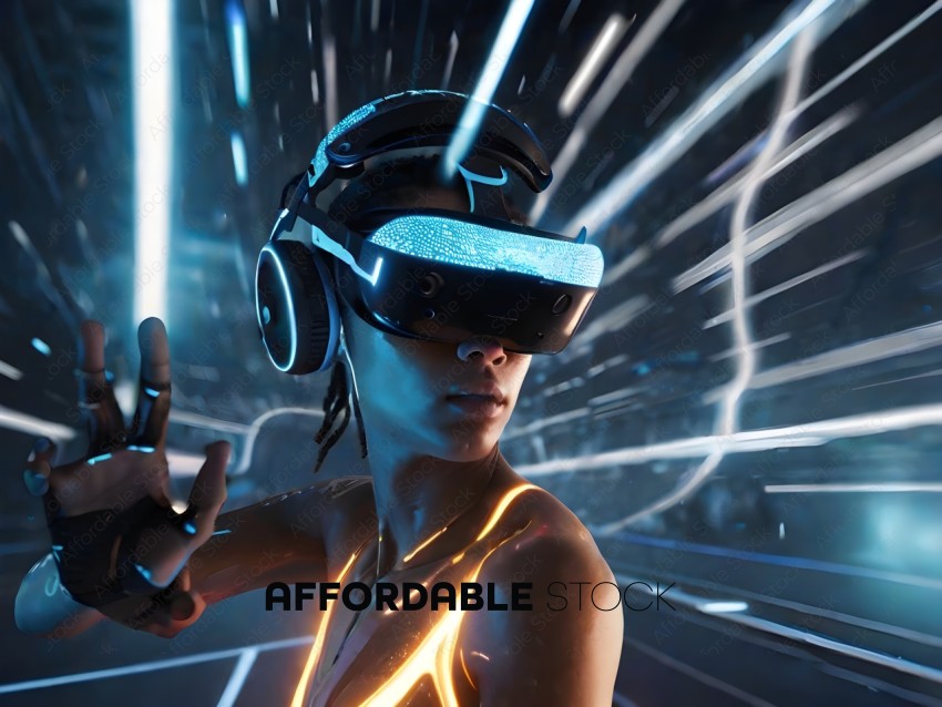A woman wearing a futuristic outfit with a VR headset on