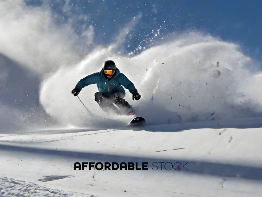 Snowboarder in Blue Jacket Riding Down a Snowy Slope