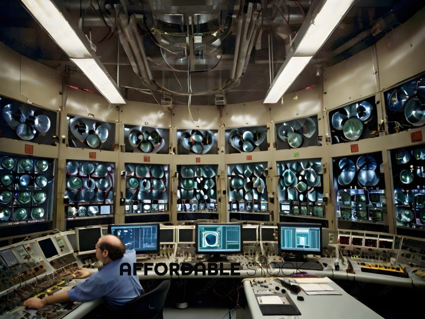 A man working in a control room with multiple monitors