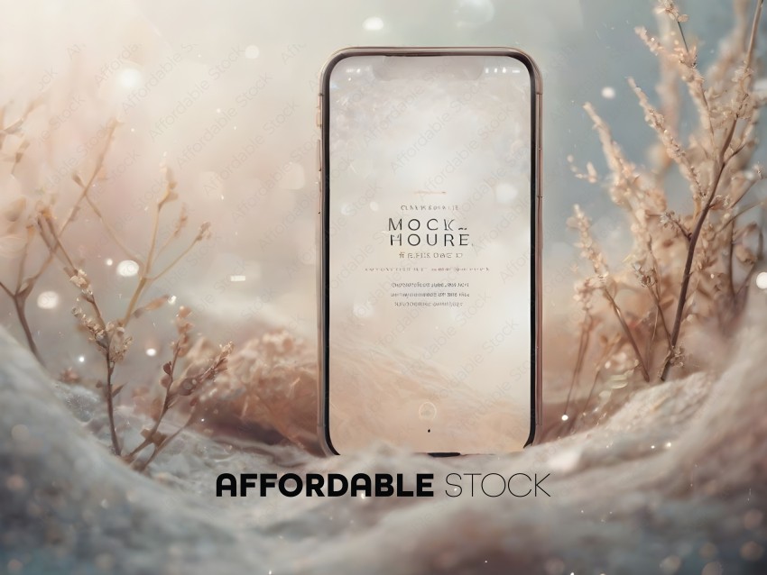 A smartphone with a screen showing a mock-up of a snowy scene