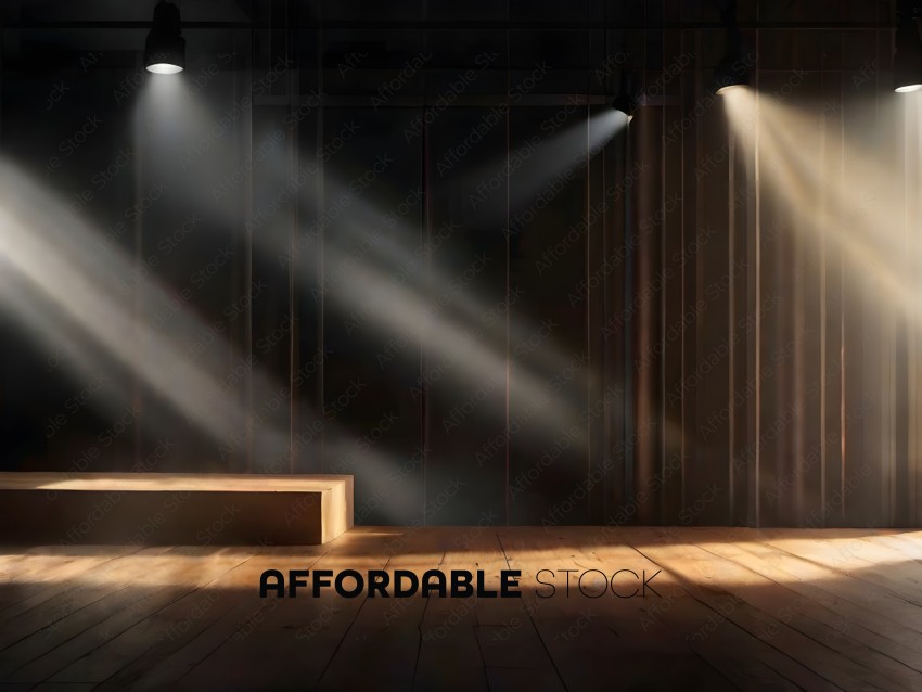 A wooden stage with a bench and light shining on it