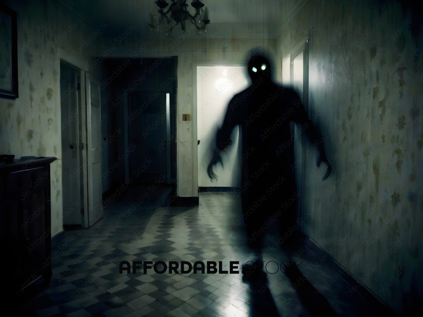 A person with glowing eyes is walking down a hallway
