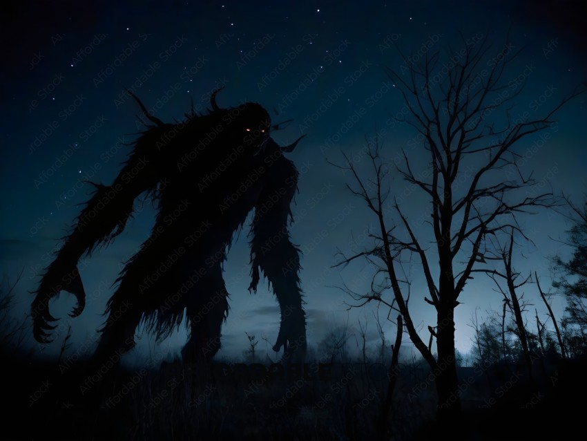 A creature with red eyes and long hair stands in a field at night