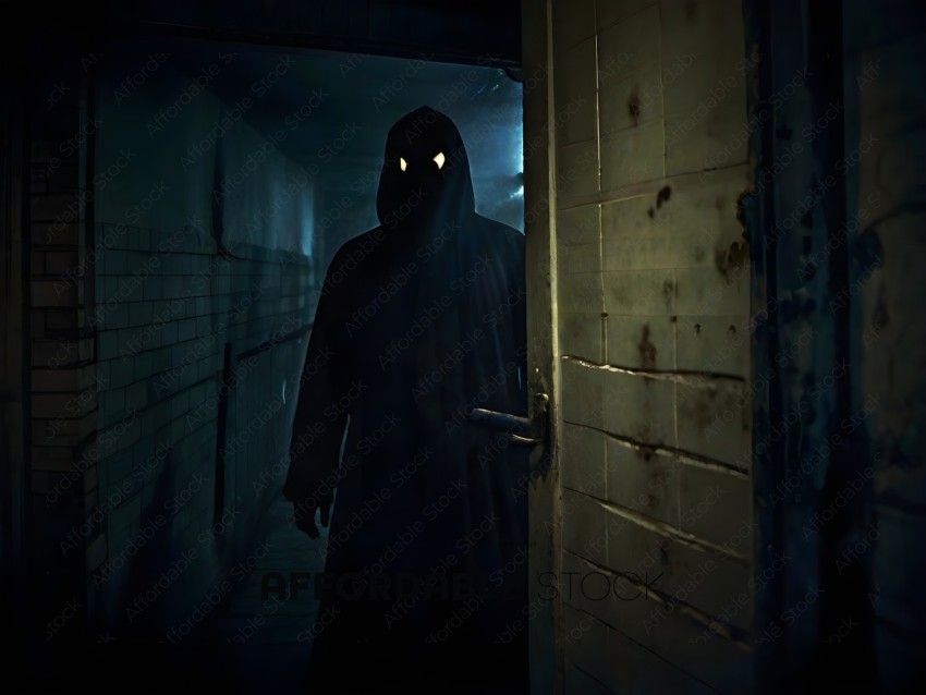 A person in a black cloak with glowing eyes standing in a hallway