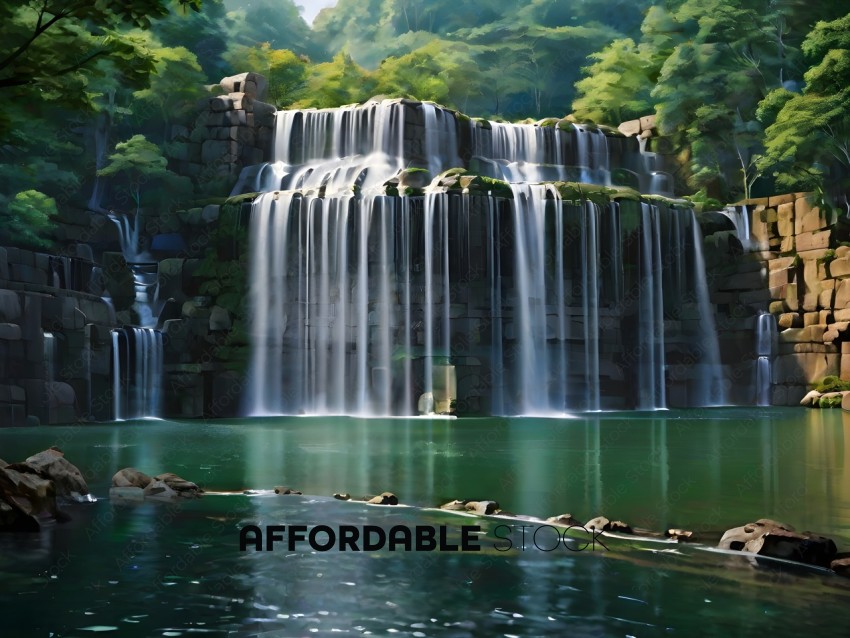 A waterfall with a lake below it