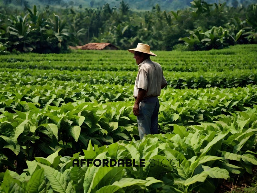 A man in a straw hat is standing in a field of tobacco plants