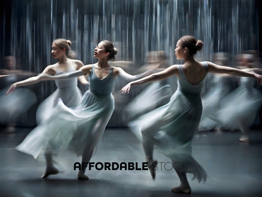 Three ballerinas in white dresses dancing