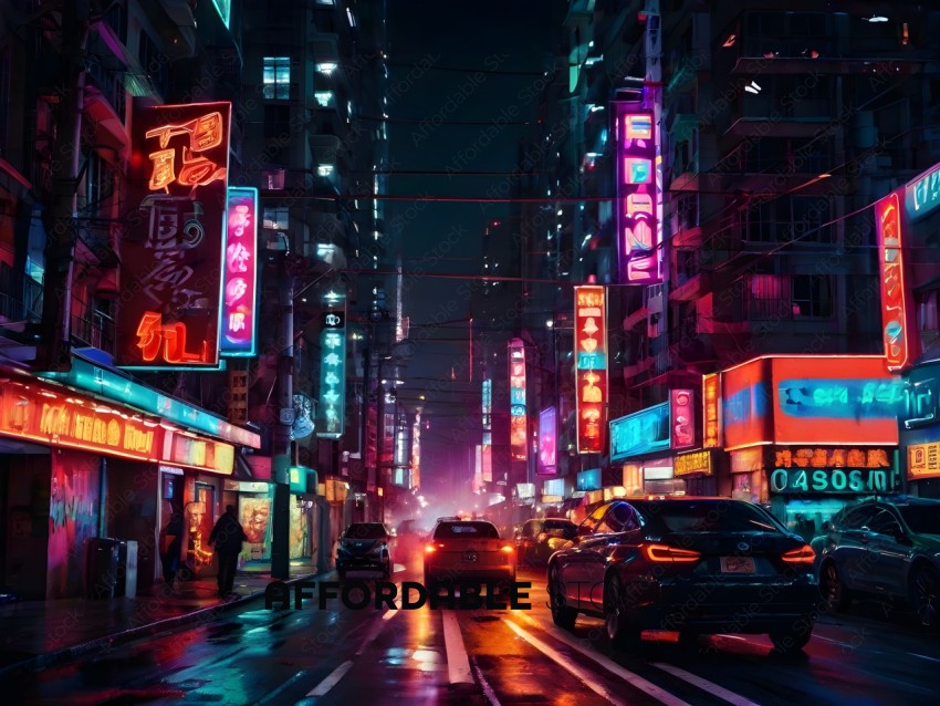 Cars driving down a busy city street at night