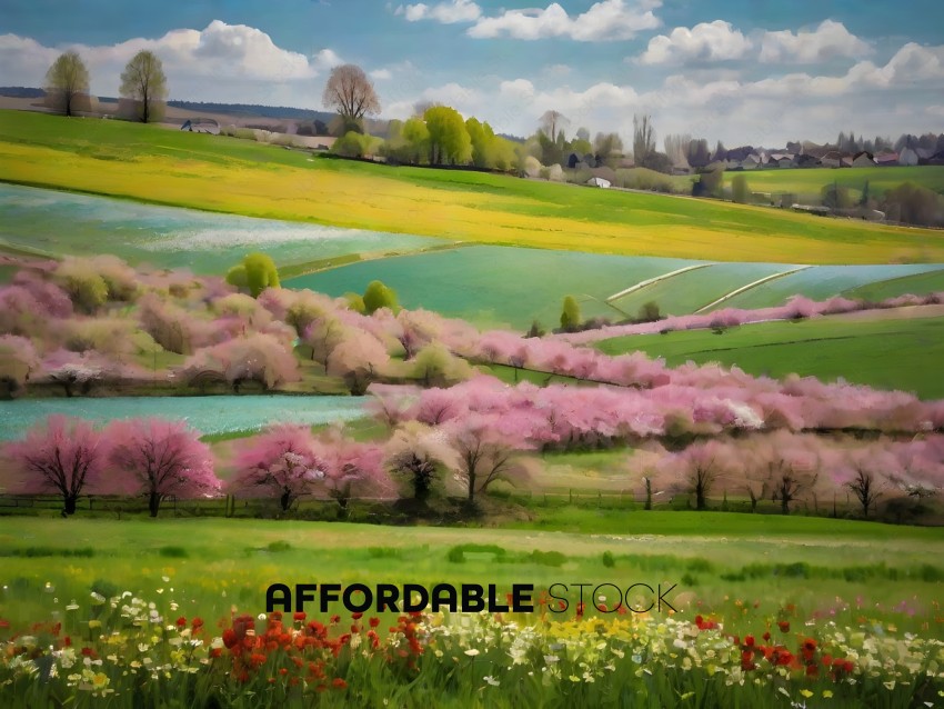 A beautiful painting of a field with pink flowers