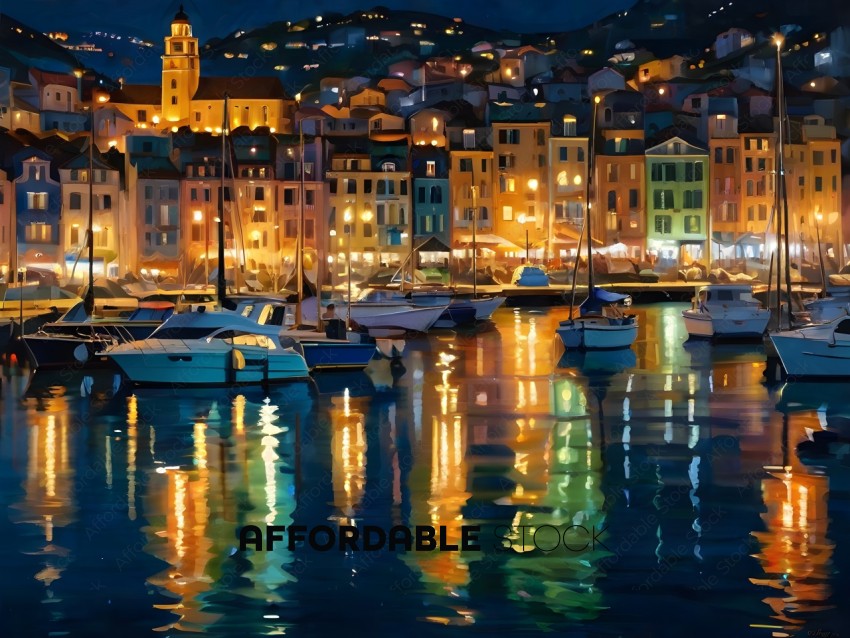 A night view of a harbor with boats and buildings