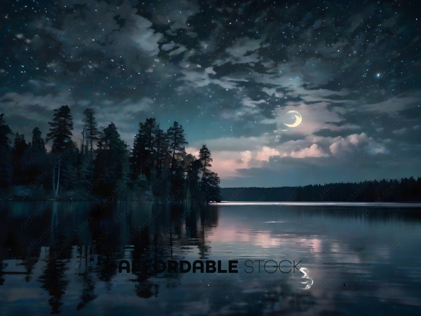 A serene night scene of a lake with a full moon and stars