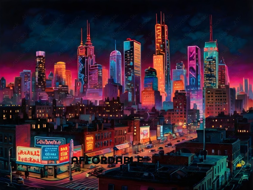 A cityscape at night with neon lights and a skyline