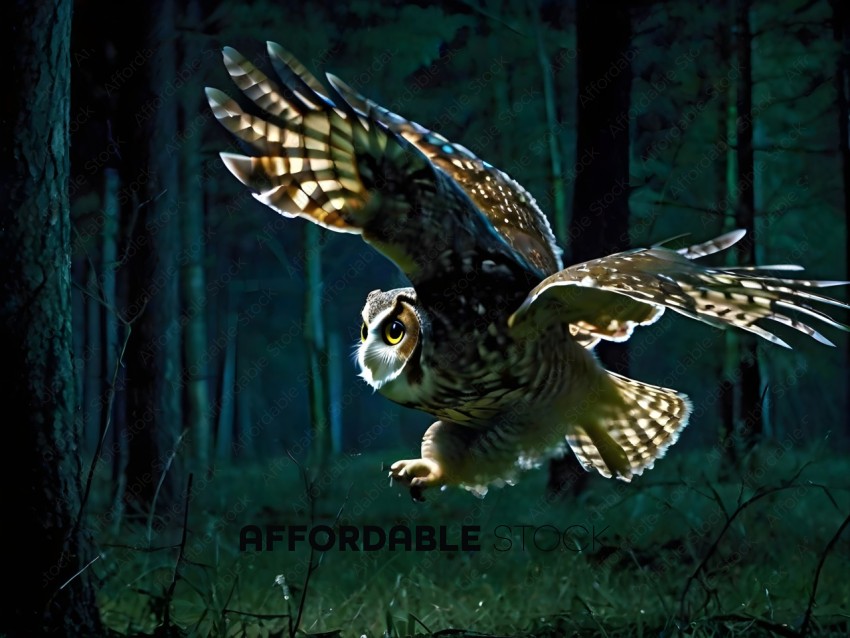 Owl in flight in the woods at night