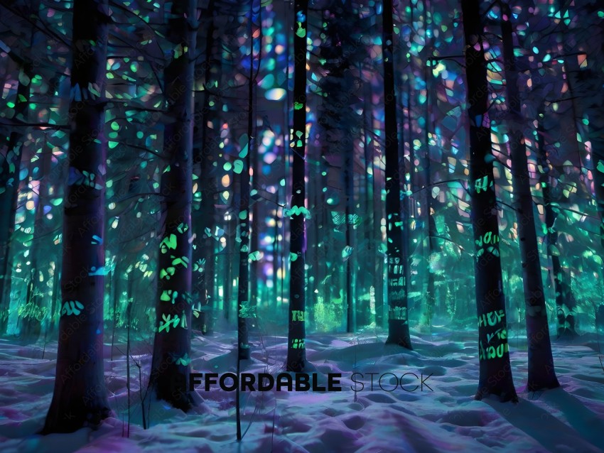 A forest with a glowing light show