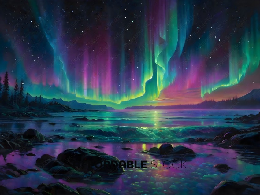 A beautiful painting of a night sky with a purple and green hue