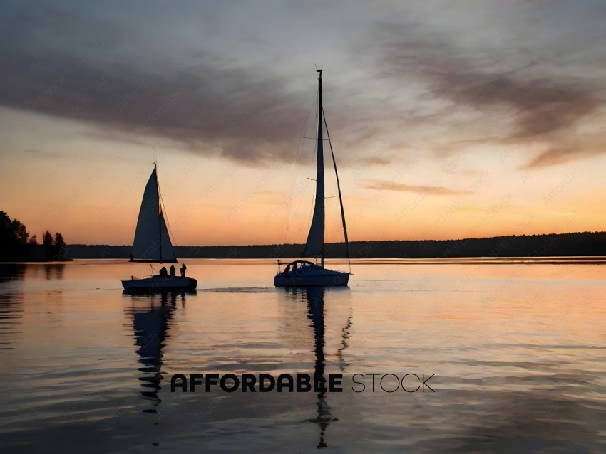 Sailboats on a lake at sunset