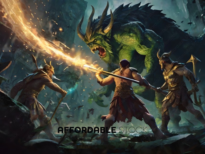 Warriors Battle Monster in Fantasy World