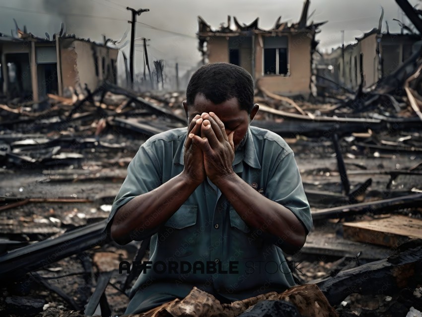 A man in a green shirt prays in a destroyed area