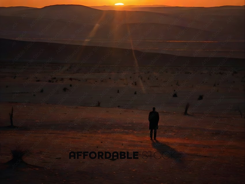 A man standing in the desert at sunset